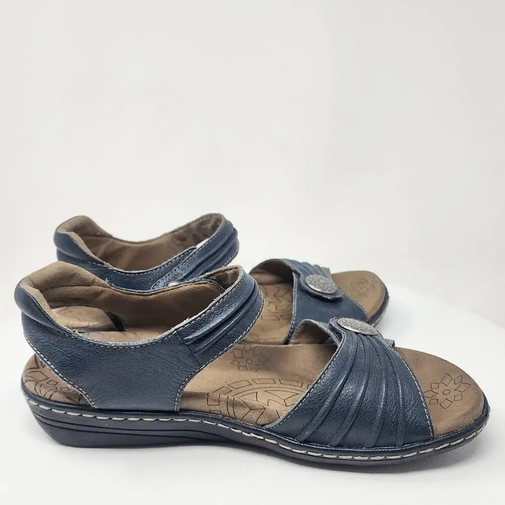 Taos Escape Sandal Women 9 Blue Leather Comfort Low Wedge Medallion ESC-11731 - Picture 8 of 13